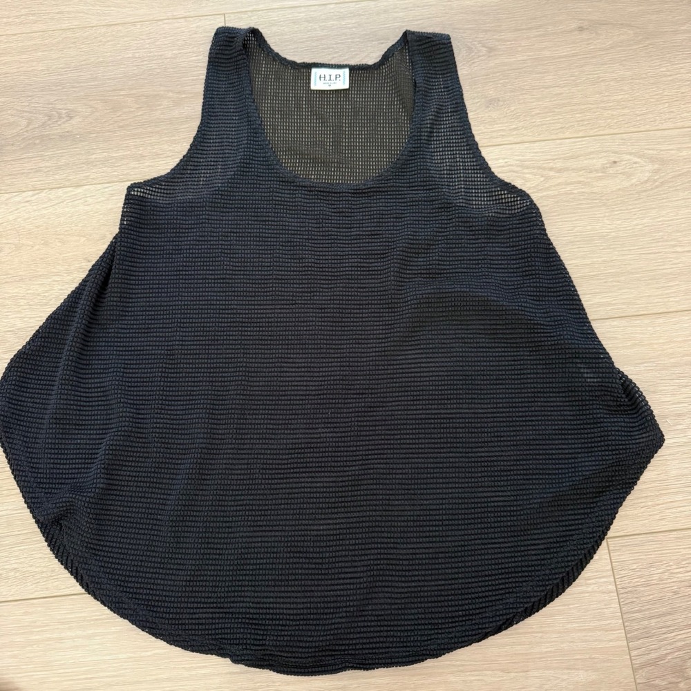 H.I.P. Womens Black Mesh Tank Top Scoop Neck Flowy Curved Hem Made in USA Size M